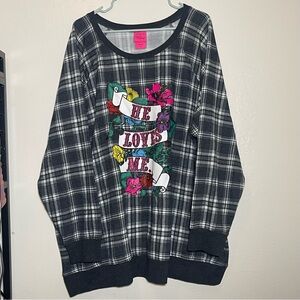 Betsey Johnson Raglan Sweatshirt Cozy Fleece He Loves Me Plaid Black/White Sz4